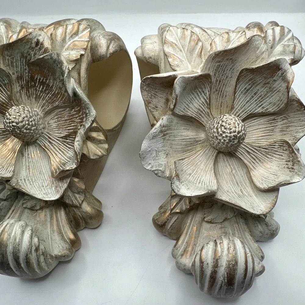 Vtg Plaster Wall Sconces(2) 7x4 Beig/Gold‎ Shabby Chic Distressed Flowers